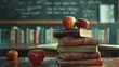 The Back to School concept features a school desk adorned with books and apples, set against a background of a blackboard 
