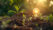 Idea Of Renewable Energy And Energy Saving. Energy Saving Light Bulb And Tree Growing On The Ground On Bokeh Nature Background. Saving, Accounting And Financial Concept
