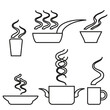 Hot food icon set, hot drink icon collection, steaming beverage pictograms with different waves, black line icons isolated on white background, vector illustration.