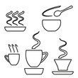 Hot food icon set, hot drink icon collection, steaming beverage pictograms with different waves, black line icons isolated on white background, vector illustration.