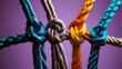 © Miguel Romero - Team rope strength diverse connect partnership together teamwork unity communicate support. The strong and diverse network rope team concept integrates braided color background cooperation and boosts