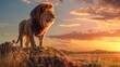 A regal lion standing confidently on a savanna hill, its mane flowing in the gentle breeze as the sun sets in the background