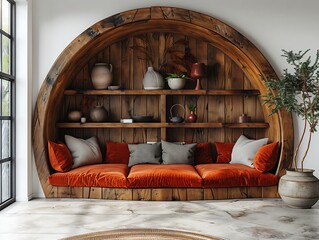 Wall Mural - A large, round wooden shelf with a plant in a vase on top