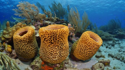 Poster - Three large yellow sponges on a sandy reef with coral