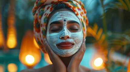 Poster - a young woman enjoys a facial mask. generative ai