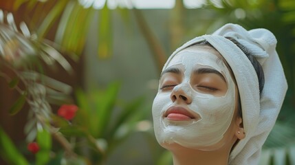 Poster - a young woman enjoys a facial mask. generative ai