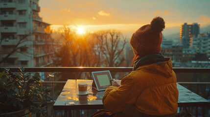 Wall Mural - Cropped image young man sitting at the table with cup of coffee, digital tablet and smart phone, man's hands typing message on touch screen tablet while sitting on balcony terrace, flare sun.