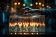 Man touching glass box with lit candles inside