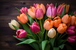 a bunch of colorful tulips on a wooden background, generative ai