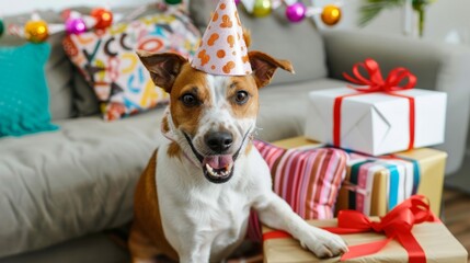 Wall Mural - dog with party hat and birthday gifts at home generative ai