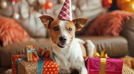 Wall Mural - dog with party hat and birthday gifts at home generative ai