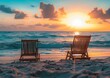 Tranquil Beach Sunset with Empty Wooden Chairs on Sandy Shore