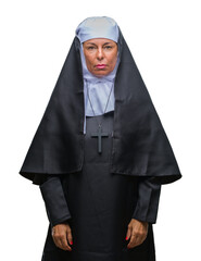 Wall Mural - middle age senior christian catholic nun woman over isolated background with serious expression on f