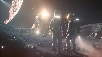 Sticker - Astronauts on Moon Surface with Lander and Earthrise with Ai generated.
