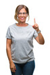 © Krakenimages.com - Middle age senior hispanic woman wearing glasses over isolated background showing and pointing up with finger number one while smiling confident and happy.