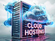 Neon cloud hosting text on cloud above server racks and cloud computing concept.