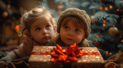 Cute little children opening gift box on color background.