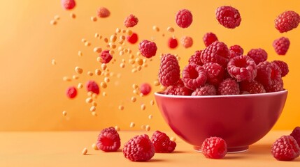 Wall Mural - raspberries falling into bowl generative ai