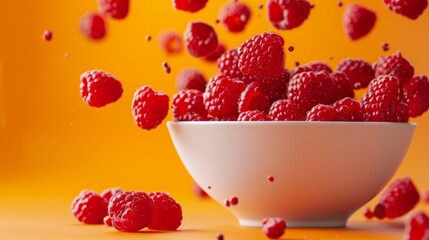 Wall Mural - raspberries falling into bowl generative ai