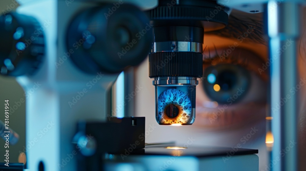 Microscope Vision Check A digital microscope zooms in on a tiny detail of an eye exam as the ...