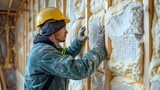 Fototapeta Sport - worker treats the walls with foam generative ai