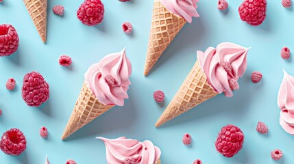 Wall Mural - ice cream cone and raspberry on blue color background generative ai