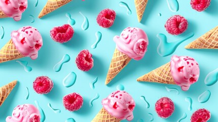 Wall Mural - ice cream cone and raspberry on blue color background generative ai