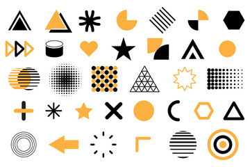 Assorted geometric shapes. Black and yellow design elements. Bold minimalist icons. Vector illustration. EPS 10.