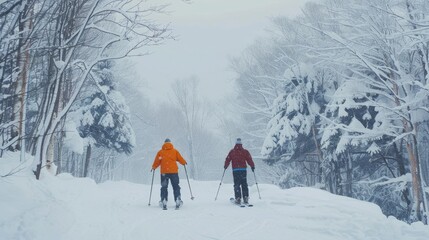 Wall Mural - Men ski on snow in winter generative ai