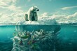 A polar bear sits on top of a pile of plastic bottles in the ocean. Ecology problems and plastic pollution concept