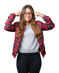 Canvas Print - Young beautiful brunette woman wearing jacket and glasses over isolated background Smiling pointing to head with both hands finger, great idea or thought, good memory