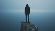 A lone figure stands on top of a mountain face obscured by a hood as they gaze out at the vast expanse of the horizon in search . .
