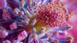 The intricately designed stigma of a flower covered in an abundance of pollen grains is captured in meticulous detail offering a glimpse