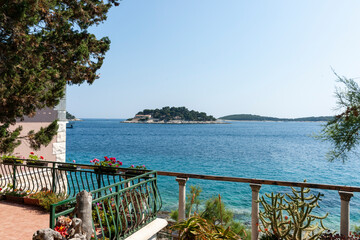 Wall Mural - View from balcony on Hvar to island in harbour Croatia