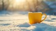 Yellow mug with hot coffee or tea in the snow outdoors in cold weather generative ai