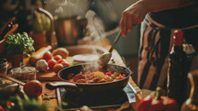 Hands Cooking Vegetables And Meat In A Pan On A Stove, With Smoke Rising From The Pot. In The Background Is A Kitchen Table Filled With Ingredients Like Tomatoes, Herbs, And A Glass Jar