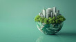 Conceptual representation of a green sustainable city on a globe, symbolizing eco-friendliness and urban ecology.