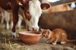 A cow sings a little kitten with milk