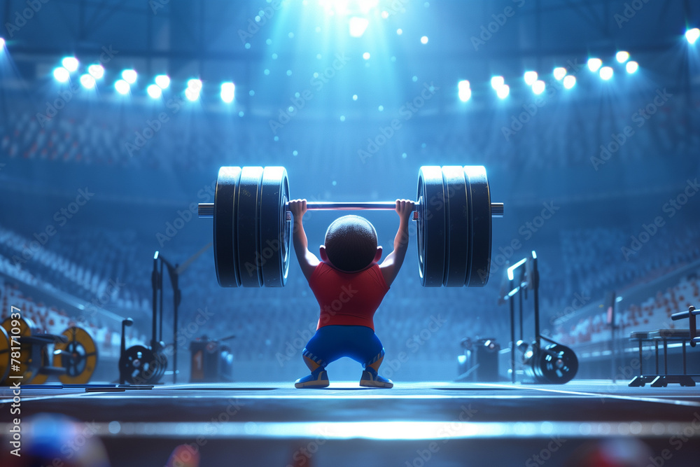 Powerlifter Animation Weightlifter performing barbell raised high during competition in ...