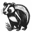 Artistic black and white illustration of a skunk with striking fur patterns, standing in a natural pose.