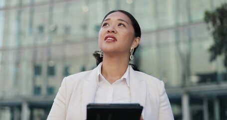 Wall Mural - Asian woman, business and thinking with tablet in city for vision, career ambition or future outside building. Female person or employee with smile in wonder for decision on technology in urban town