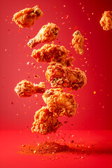 Wall Mural - A close up of fried chicken with a red background