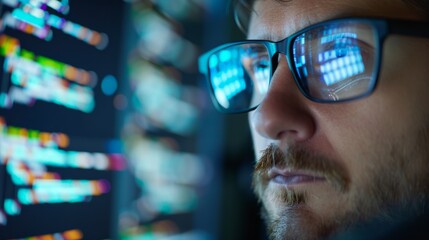 software developer wearing glasses, looking at computer screen developing code generative ai