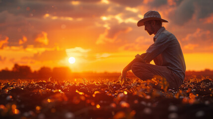 Wall Mural - Farmer kneeling by crops.