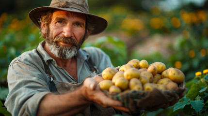 Wall Mural - farmer show his organic potato harvest at field.