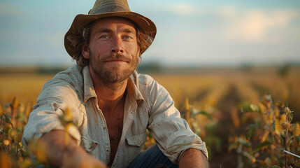 Wall Mural - Farmer kneeling by crops.