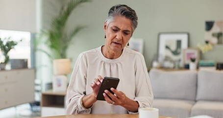 Poster - Mature, woman and smartphone in home and confused, technology or battery low mobile in apartment. Struggling, female person or cell for internet search for online chat, device for connection