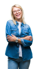 Sticker - Young beautiful blonde woman wearing glasses over isolated background happy face smiling with crossed arms looking at the camera. Positive person.