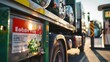 A closeup image of a biofuel truck filling up at a gas station while a sign nearby advertises that the fuel is made from 100% recycled materials. The truck is emitting less exhaust .
