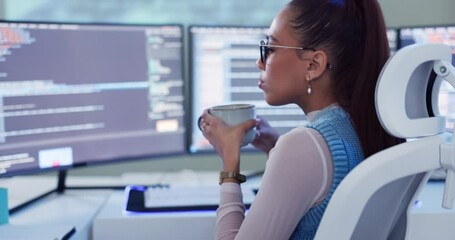 Fototapete - Woman, computer screen and software development for programmer research or coding, coffee or cyber security. Female person, technology and online system with database website, information or password